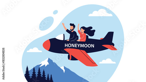 Flat vector wedding illustration of couple leaving for honeymoon by plane, ideal for romantic storytelling, travel, and celebration themes