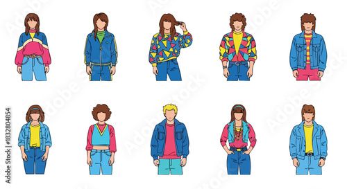 Various fashionable people wearing vintage clothing styles, illustrating different outfits