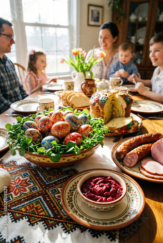 A happy family gathers for a traditional Easter meal. A festive table with painted eggs, Easter bread, sausage, and other holiday food in a bright home.