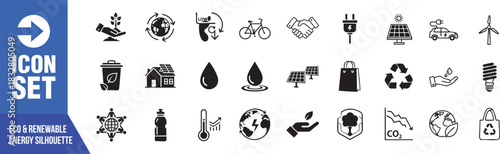 Eco-friendly and sustainable living icon set for responsible energy solutions, green initiatives, and environmental awareness campaigns, representing a clean future