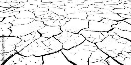 Minimalist cracked earth texture in black and white, featuring dried soil patterns with bold contrast. High-resolution abstract background ideal for environmental, nature, and design themes.