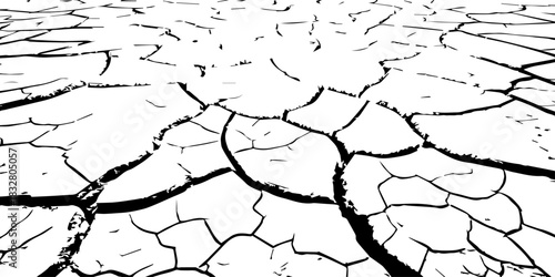 Minimalist cracked earth texture in black and white, featuring dried soil patterns with bold contrast. High-resolution abstract background ideal for environmental, nature, and design themes.