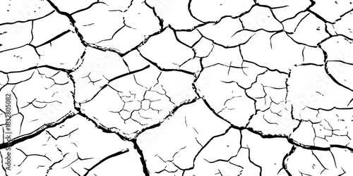 Minimalist cracked earth texture in black and white, featuring dried soil patterns with bold contrast. High-resolution abstract background ideal for environmental, nature, and design themes.