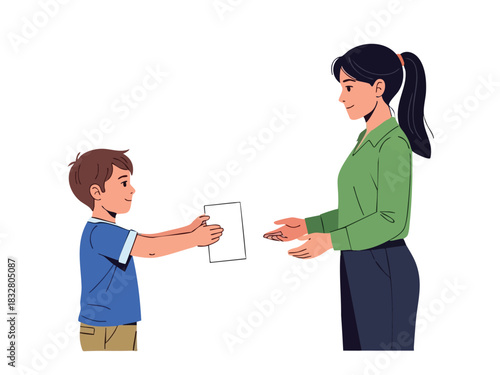 Boy Giving Paper to Woman Parent-Child Interaction, Learning Process, Vector Illustration