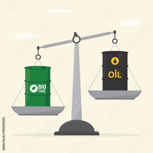 Oil barrel and environmentally friendly fuel on the scales. Source of fuel energy and biofuels. Transition to clean alternative energy source. Environmentally friendly fuel.