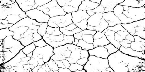 Minimalist cracked earth texture in black and white, featuring dried soil patterns with bold contrast. High-resolution abstract background ideal for environmental, nature, and design themes.