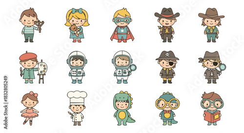 Diverse children dressed up in various costumes astronaut, chef, cowboy