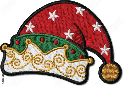 Festive embroidered Christmas elf hat with stars for seasonal joy and holiday cheer, perfect for crafts, apparel, and spirited celebration designs.