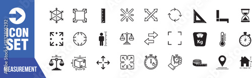 Comprehensive measurement icon set for professional use, including scale, ruler, and timer, perfect for design projects needing precision and accurate tools in scalable vector art