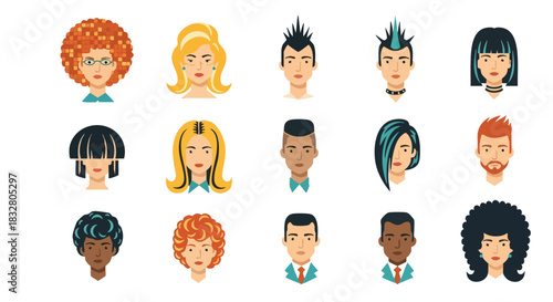 Diverse Character Faces Cartoon Avatars with Varied Hairstyles