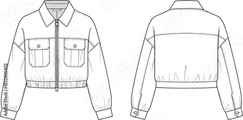 Fashion Technical Sketch Cropped Bomber Jacket Zip-up Shirt Collar Long Sleeves Flap Pockets Elastic Hem Cuffs Vector Illustration CAD Drawing Template Mockup Design.
