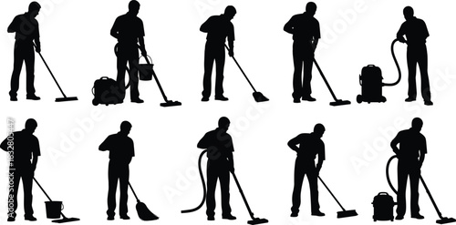 Silhouetted cleaner diligently sweeping & vacuuming floors - perfect for illustrating cleaning services, janitorial work, or home maintenance themes
