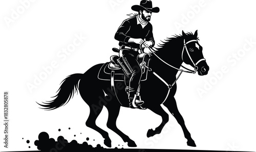 Cowboy riding galloping horse silhouette—vector of Western motion with reins, saddle, dust trail, and flowing mane 