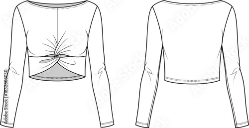 Technical Fashion Flat Sketch Drawing Long Sleeve Crop Top Blouse Women's Apparel Design Boat Neck Front Twist Knot Detail Fitted Hemline CAD Illustration Vector Template.