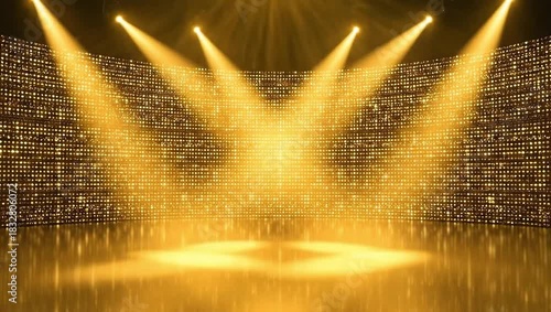 Golden Stage with Spotlights and Glittering Background for Award Shows or Concerts