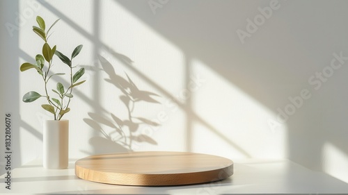 Modern office lobby interior with wooden reception desk and large window facade showing cityscape