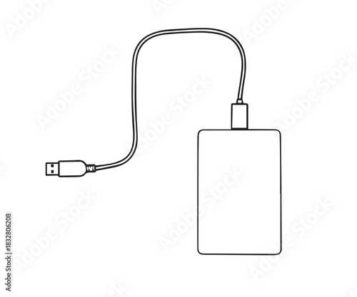 External Hard Drive with USB Cable Line Art