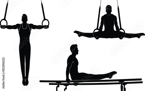 Male gymnast silhouette trio—vector of rings and parallel bars poses showing strength, flexibility, and control