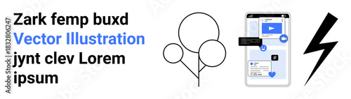 Social media, digital interaction, content creation, online connectivity, modern communication, messaging. Smartphone interface with text bubbles, symbols and a lightning icon. Social media