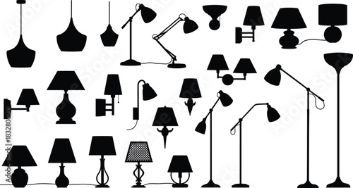 Lamp silhouette pack—vector of pendant, desk, wall, table, and floor lamp designs
