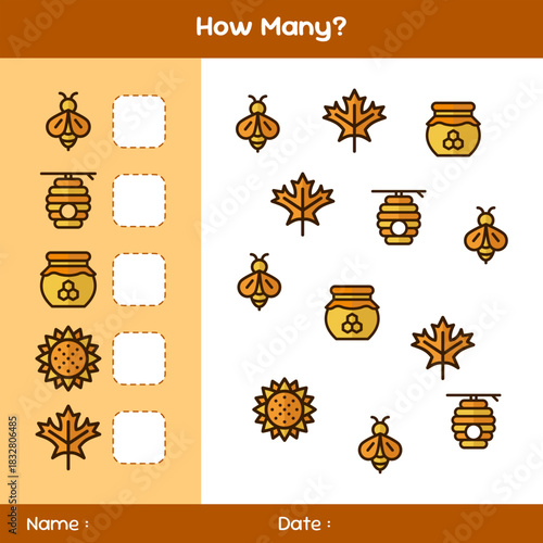 Count how many objects. Counting game with flowers, leaves, and bees. Educational mathematical game. Counting game for children. Kids activity sheet. Template for how many