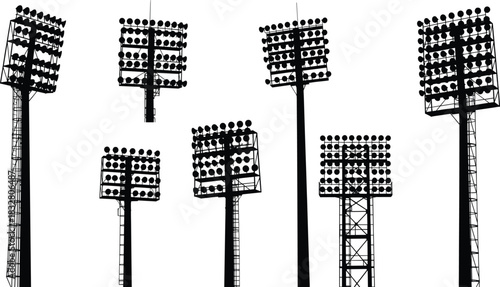 Stadium floodlight silhouette pack—vector of six lighting tower designs for sports venues