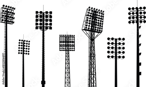 Stadium floodlight silhouette pack—vector of seven lighting tower variations for sports venues