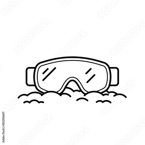 Ski goggles with snow illustration, winter sports and safety equipment