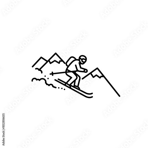Skier descending mountain slope, winter sport and outdoor adventure in snowy landscape