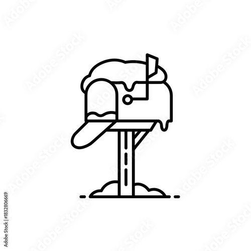 Snow-covered mailbox with mail flag, winter season and postal service concept