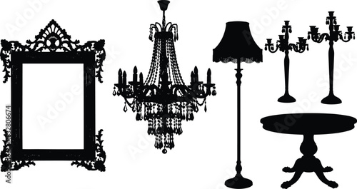 Vintage decor silhouette pack—vector of ornate chandelier, frame, lamp, candelabras, and pedestal table