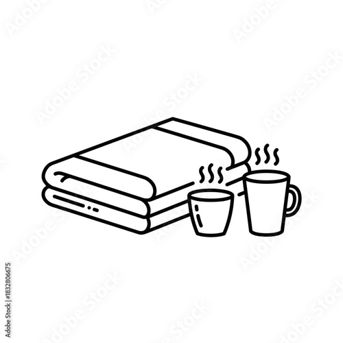 Stacked towels with hot beverages, relaxation and comfort for spa and wellness