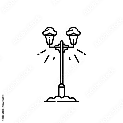 Winter street lamp with snow-covered lanterns, outdoor lighting and seasonal weather safety
