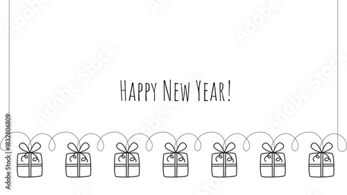Happy New Year banner. Simple minimalist greeting template with gifts and text. Cute holiday card mockup in doodle sketch style. Vector graphics
