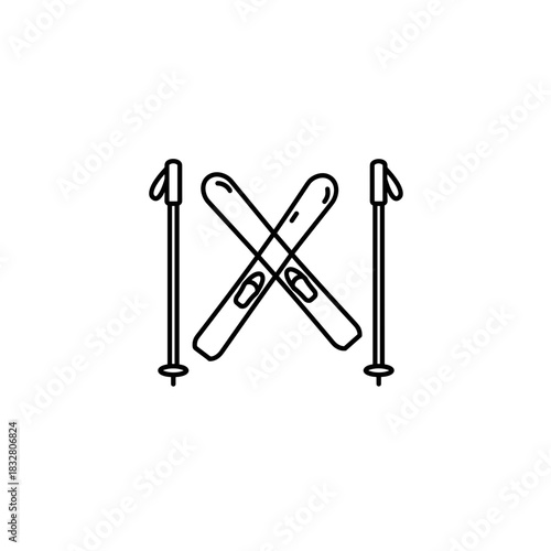 Crossed skis and poles icon, winter sports equipment and outdoor recreation