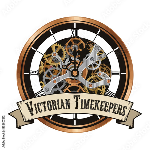 Steampunk clock with exposed golden gears and Roman numerals, styled in a vintage mechanical theme, on a transparent background. Concept of retro timekeeping elegance. Vector badge illustration