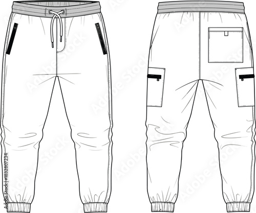 Technical flat sketch of men's tapered cargo jogger pants for fashion design, elasticated waistband, ankle cuffs, drawcords, zipper pockets, flap pockets, detailed CAD drawing