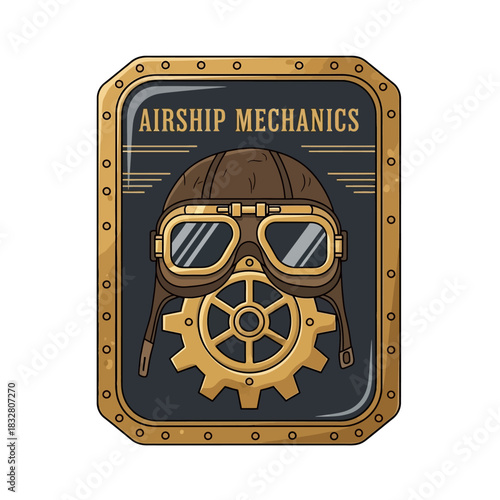 Emblem of a steampunk airship mechanic with aviator helmet, brass goggles, and gear on a dark plaque with metallic frame. Vector badge illustration on transparent background