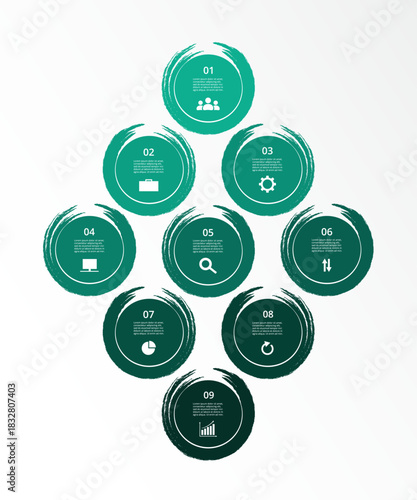 Step by step creative infographic template with 9 options, parts or processes.
