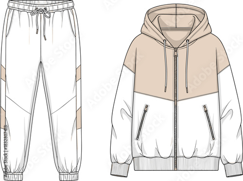 Technical flat sketch vector illustration of men's/unisex activewear track jacket with hood and matching drawstring jogger sweatpants, oversized color block sporty fashion apparel CAD template.