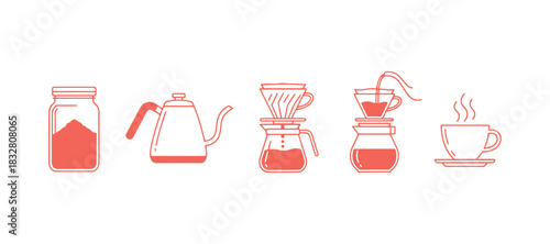 Guide for making a drink with a pour over coffee maker. Just four steps to enjoy fresh coffee. Simple icon for packaging design. Isolated vector illustration outline.