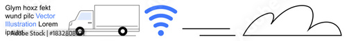 Cloud computing, logistics technology, Internet of Things IoT, remote tracking, wireless connectivity, data storage. Delivery truck with wireless signal connecting to a cloud. Cloud computing
