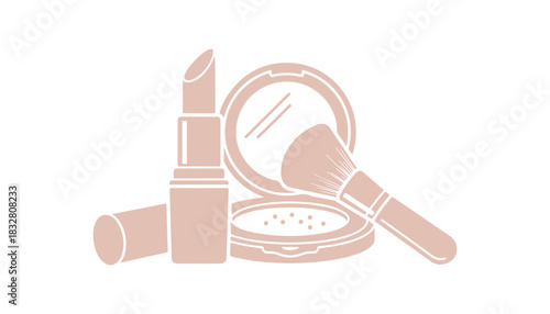 Vibrant makeup glyph icon. Cosmetic items. Skincare for women. Lipstick and powder collection. Brush for ladies. Everyday habits and lifestyle. Illustration.