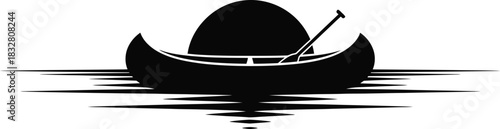 Black and white silhouette icon of a canoe with a paddle on water against a sun