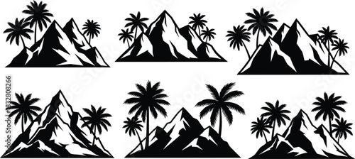 Set of six black and white silhouette icons featuring tropical mountains and palm trees