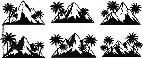 Set of six black and white silhouette icons featuring tropical palm trees and mountain peaks