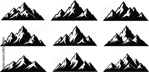 Set of nine black and white stylized mountain range icons