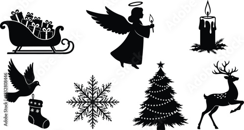 Collection of black silhouette icons representing christmas and winter holiday theme elements