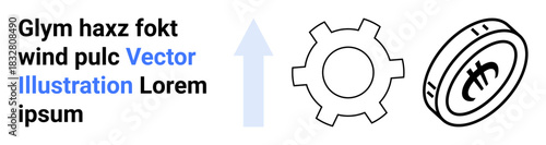 Upward arrow, gear, and currency coin emphasizing innovation, growth, financial technology, and blockchain. Ideal for business strategy, fintech, investment startup analytics economy simple