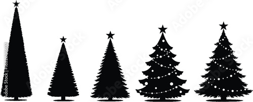 Set of five black silhouette christmas tree icons with star topper